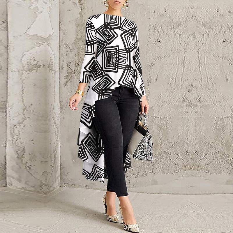 Women Casual Long Sleeve Blusa Irregular Blouse 2022 ZANZEA Elegant Geometric Printed Tops Female O Neck Tunic Chemise