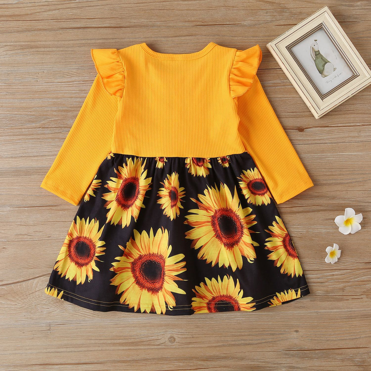 Mudkingdom Long Sleeve Dresses for Little Girls Sunflower Pattern Print Ruffle Bow Girls Casual Dress for Kids Clothing Spring