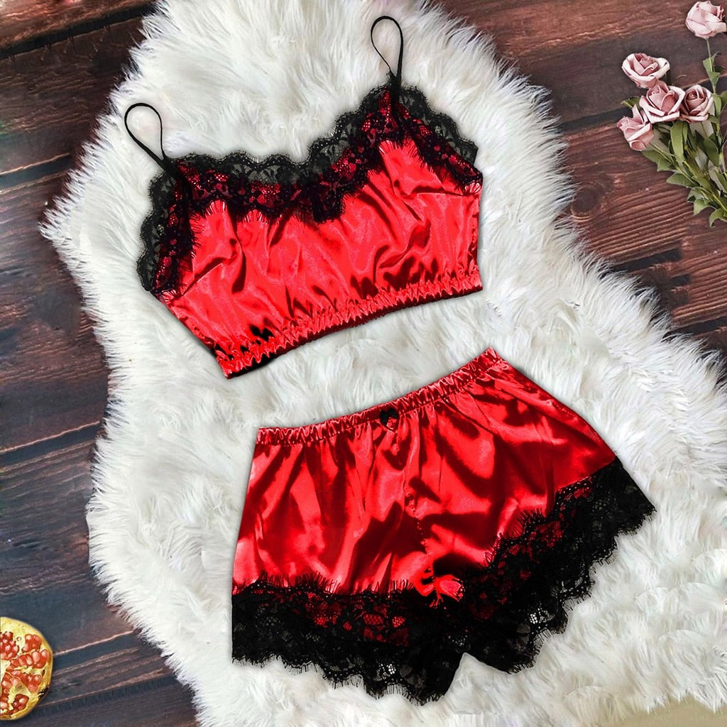 Brand Two Pieces Pyjamas Women Sexy Lingerie Pijama Mujer Femme Pizama Female Sexy Lounge Sets Satin & Lace Sleepwear Set #W