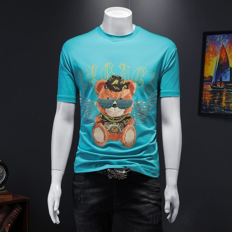 Luxury Bear Print Hot Drill T Shirt Men Summer O-neck Tops Tees Streetwear Funny Casual Short Sleeve TShirt High Quality Clothe