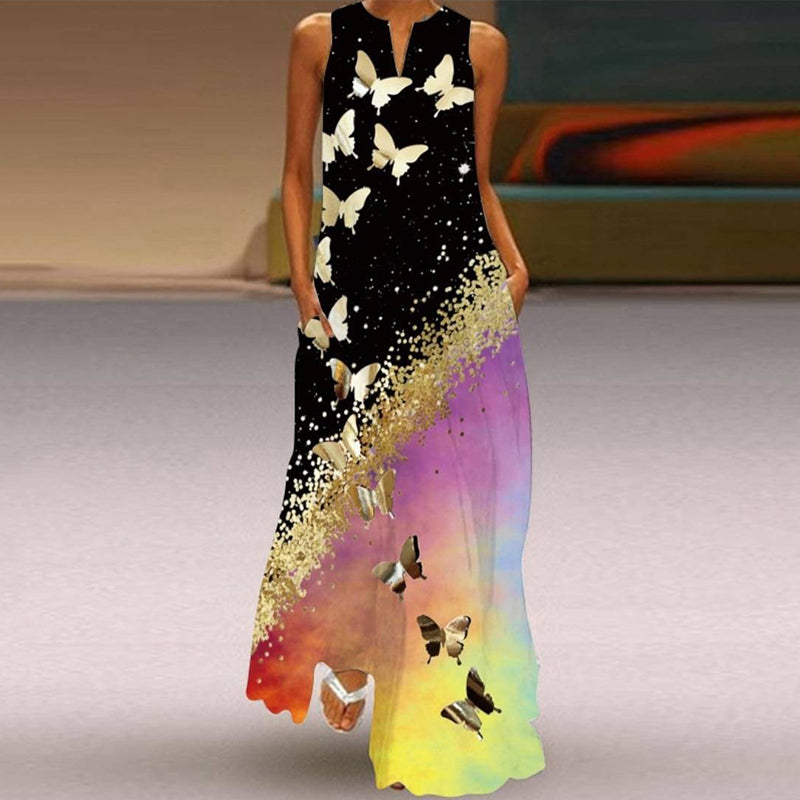Lady face Vintage Printed Dresses Summer Boho Sleeveless V-Neck Long Dress