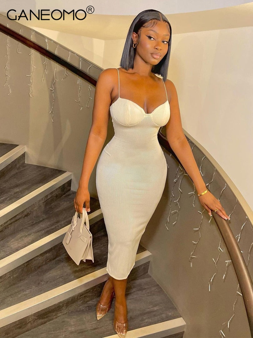 Straps Bodycon Sexy Prom Midi Dress for Women's 2022 Summer Elegant Evening Party White Backless Slip Long Dresses Woman Clothes