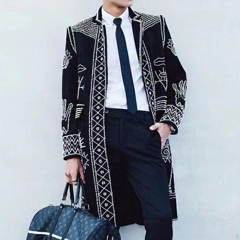 Top Quality Heavy Beaded Embroidered Jacket Men's Slim Fit Long Jacket Men Coat Nightclub Master Clothes Performance Club Stage
