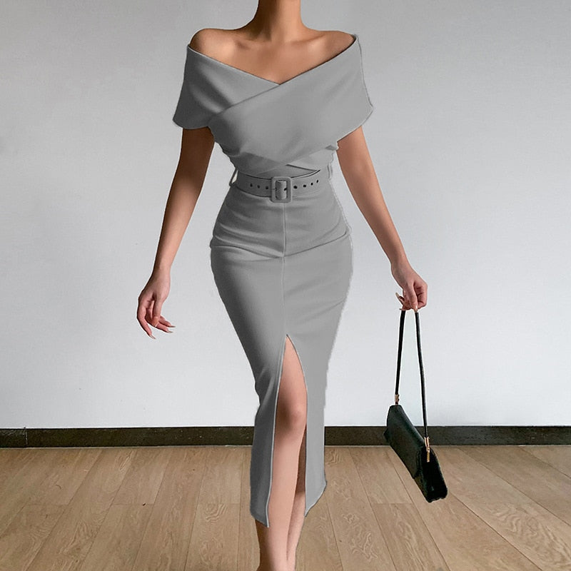 2022 Spring and Summer New Elegant Temperament Commuting Simple and Familiar with New Off-the-Shoulder Belt Slit Skirt