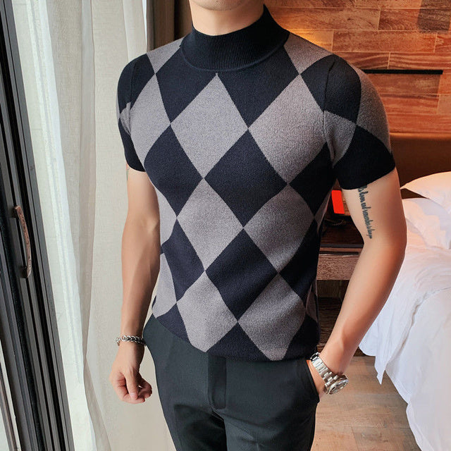 Tshirt Streetwear Tee Shirt Color Contrast Knitted T Shirt Male Slim Fit Business High Neck Short Sleeve Diamond Lattice Knitted