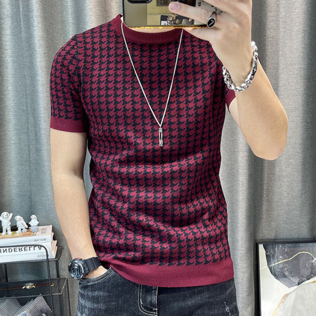 2022 Spring Short Sleeve Sweater T-shirt Men Plaid Knitted Thickened Sweater Tshirt Streetwear High Quality Men Tee Shirt Homme