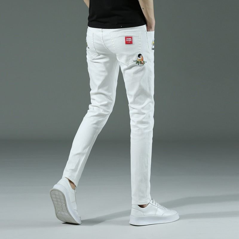 Spring summer New Men's thin slim White jeans Stretch Embroidery decoration Denim men fashion trousers male Brand Pants chinos
