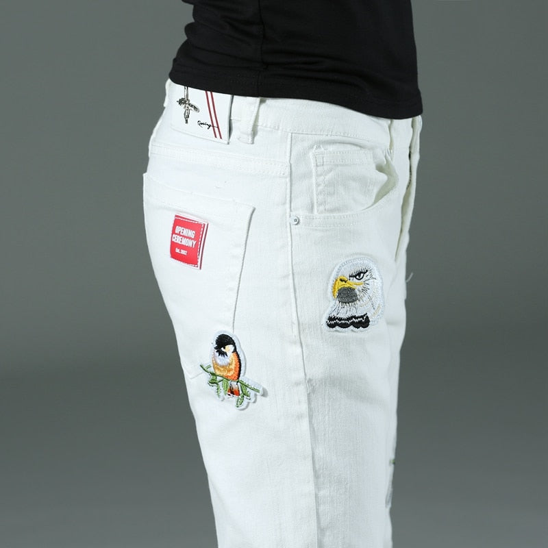Spring summer New Men's thin slim White jeans Stretch Embroidery decoration Denim men fashion trousers male Brand Pants chinos