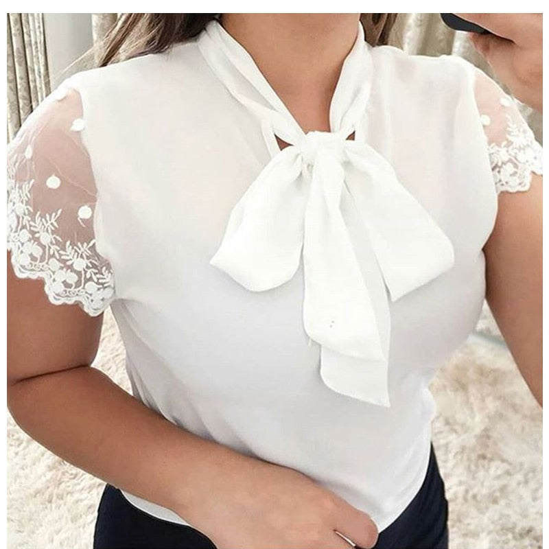 S-5XL New 2022 Lace Up Bow Tie Shirt Summer Lace Short Sleeve Solid Chiffon Casual Blouse Elegant Office Lady Blusas Woman Tops