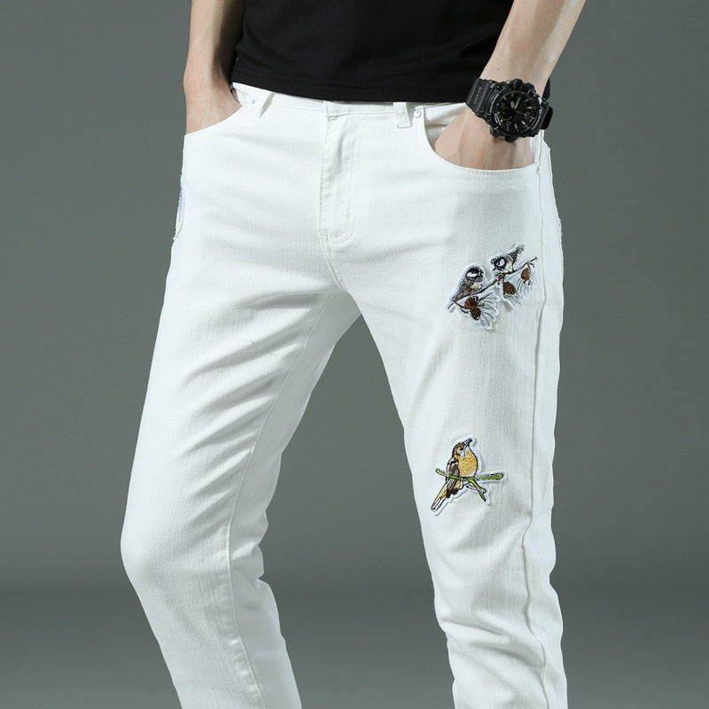 Spring summer New Men's thin slim White jeans Stretch Embroidery decoration Denim men fashion trousers male Brand Pants chinos