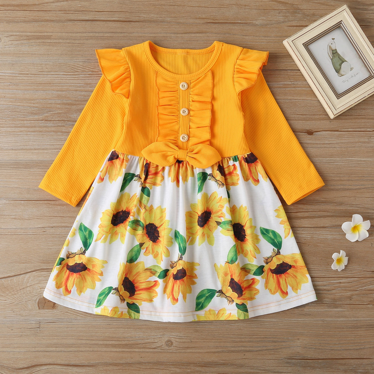 Mudkingdom Long Sleeve  Dresses for Little Girls Sunflower Pattern Print Ruffle Bow Girls Casual Dress for Kids Clothing Spring