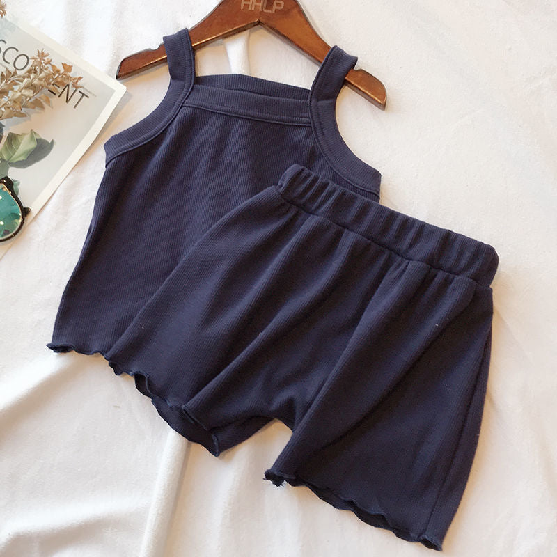 2PCS/Set Comfortable Sleeveless Tops+Pant Kids Clothes Solid Colors Boy Clothing Set Toddler Boy Girls Vest Child Pajama Summer