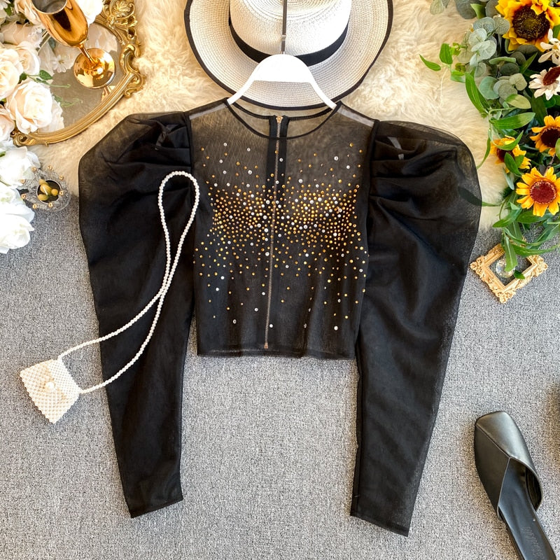 Sexy Rhinestone Women Organza Tops Puff sleeve Round neck Female Blouse Luxury Court style Crop tops Shirt Spring INKEO 9T058