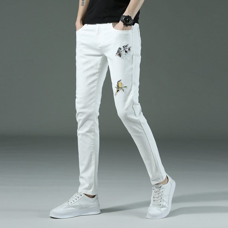 Spring summer New Men's thin slim White jeans Stretch Embroidery decoration Denim men fashion trousers male Brand Pants chinos
