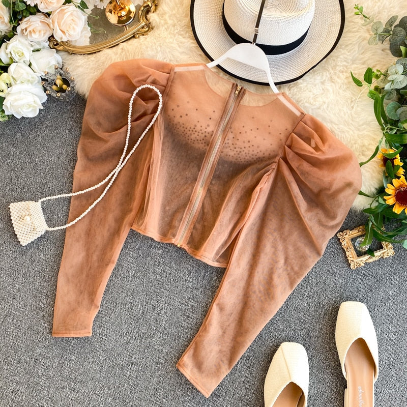 Sexy Rhinestone Women Organza Tops Puff sleeve Round neck Female Blouse Luxury Court style Crop tops Shirt Spring INKEO 9T058