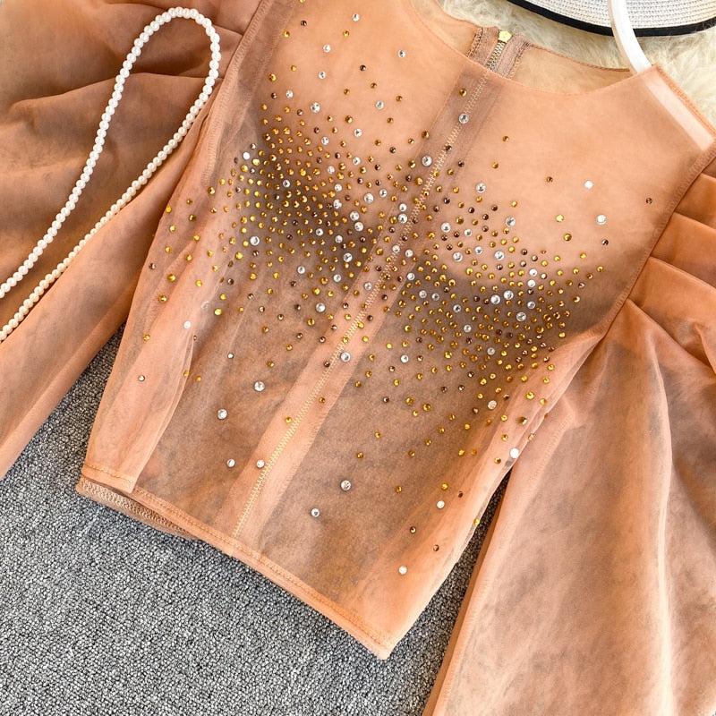 Sexy Rhinestone Women Organza Tops Puff sleeve Round neck Female Blouse Luxury Court style Crop tops Shirt Spring INKEO 9T058