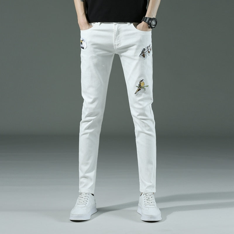 Spring summer New Men's thin slim White jeans Stretch Embroidery decoration Denim men fashion trousers male Brand Pants chinos