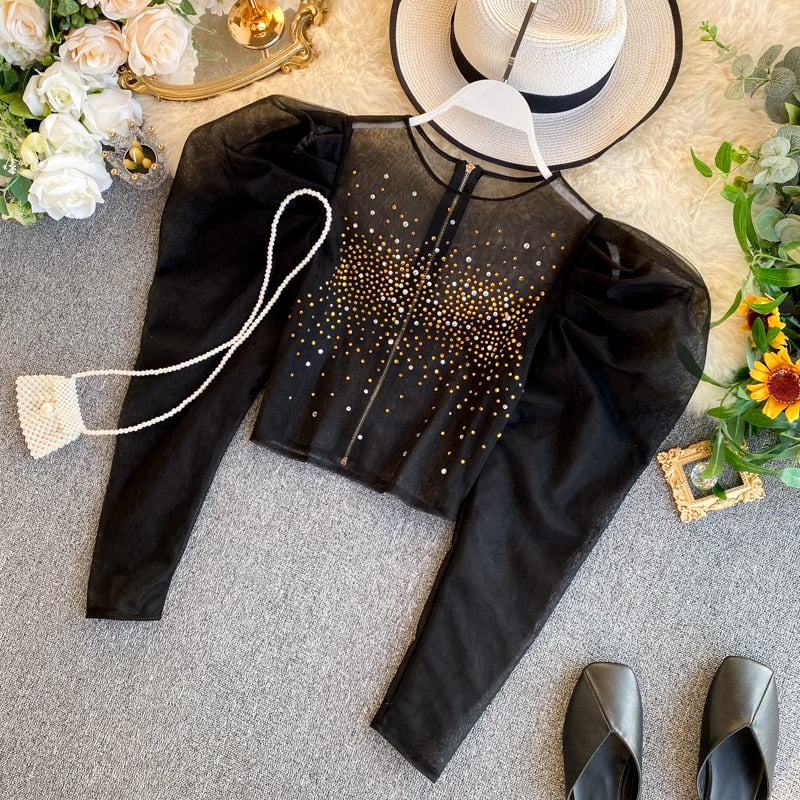 Sexy Rhinestone Women Organza Tops Puff sleeve Round neck Female Blouse Luxury Court style Crop tops Shirt Spring INKEO 9T058