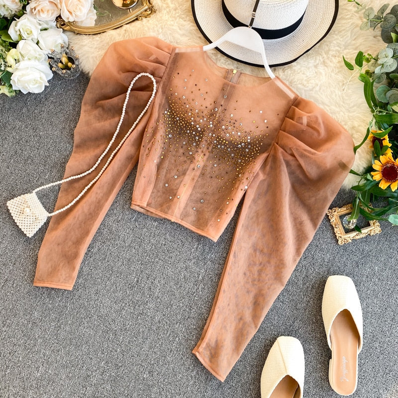 Sexy Rhinestone Women Organza Tops Puff sleeve Round neck Female Blouse Luxury Court style Crop tops Shirt Spring INKEO 9T058