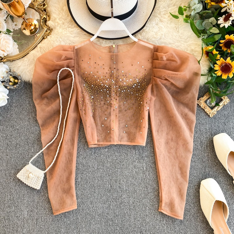 Sexy Rhinestone Women Organza Tops Puff sleeve Round neck Female Blouse Luxury Court style Crop tops Shirt Spring INKEO 9T058