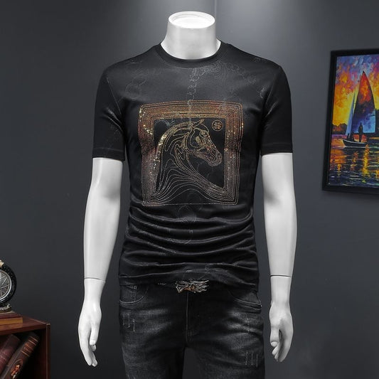 High Quality Luxury Animal Horse Head Tide Brand Rhinestones Short Sleeve Tee 2022 Summer Men's Slim Fit Hot Drilling Tshirt