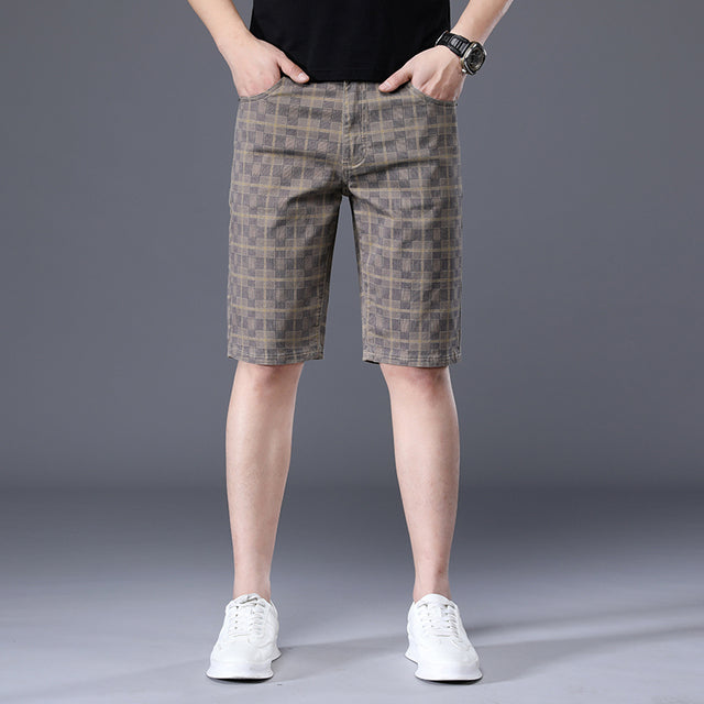JEYWOOD Brand Summer Thin Plaid Shorts Men Knee Length Pants Straight Beach Short 98%Cotton Blue Plaid Patchwork Pant Male
