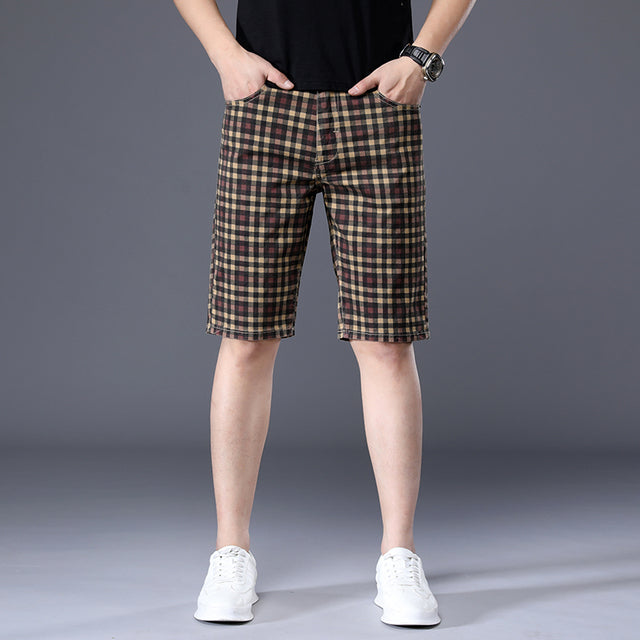 JEYWOOD Brand Summer Thin Plaid Shorts Men Knee Length Pants Straight Beach Short 98%Cotton Blue Plaid Patchwork Pant Male