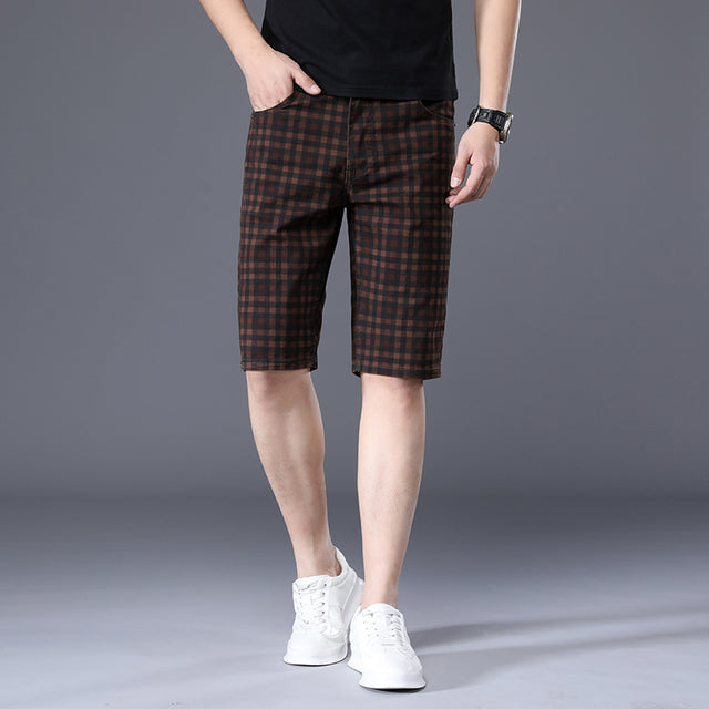 JEYWOOD Brand Summer Thin Plaid Shorts Men Knee Length Pants Straight Beach Short 98%Cotton Blue Plaid Patchwork Pant Male