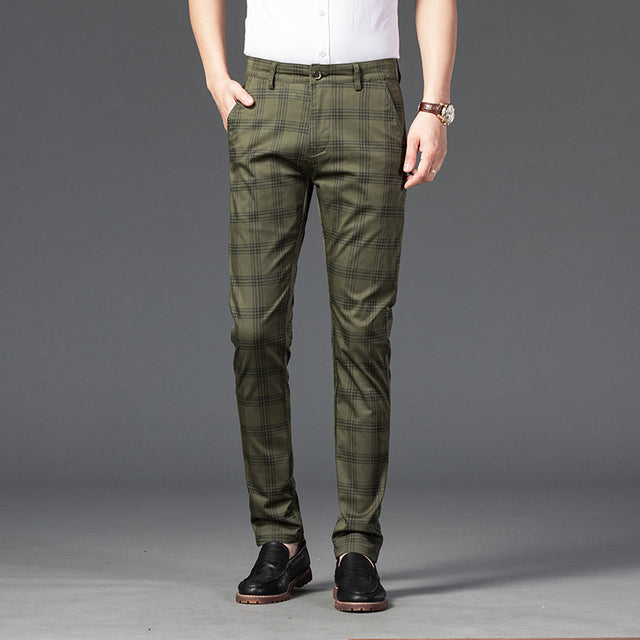 Jeywood Brand New Mens Casual Pants Stretch Stripe Plaid Cotton Skinny Slim Cutting Army Green Office wedding Trousers Male
