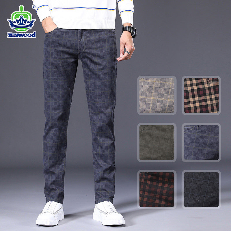 Jeywood Brand Spring Summer New Men's Slim Plaid Casual Pants High Quality 98%Cotton Stretch Classic Trousers Large Size 40 42