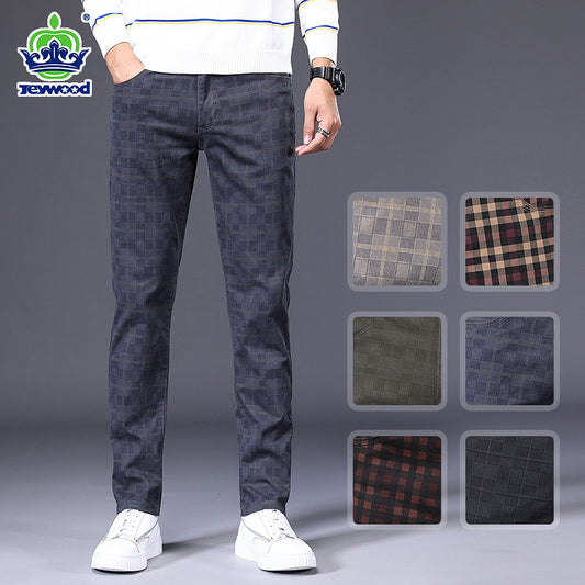 Jeywood Brand Spring Summer New Men's Slim Plaid Casual Pants High Quality 98%Cotton Stretch Classic Trousers Large Size 40 42
