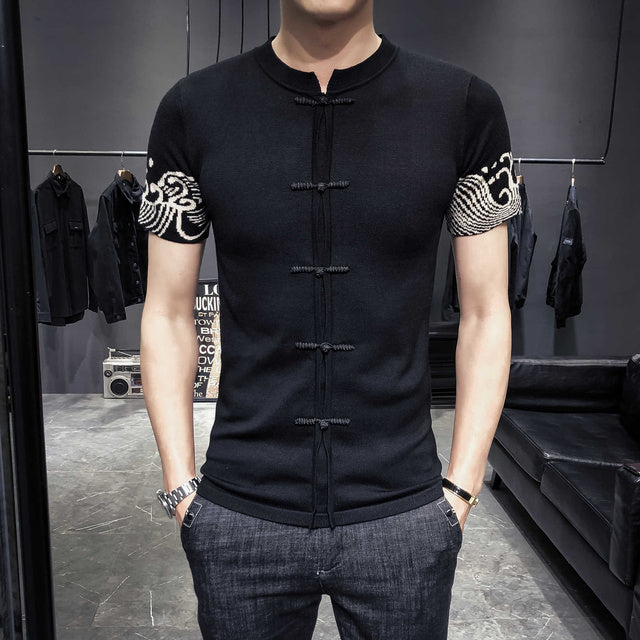 Knitting Sweater Chinese Style Button Sleeve Side Jacquard Weave Man Self-cultivation Knitting Short Sleeve Camisetas Hombre