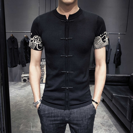 Knitting Sweater Chinese Style Button Sleeve Side Jacquard Weave Man Self-cultivation Knitting Short Sleeve Camisetas Hombre
