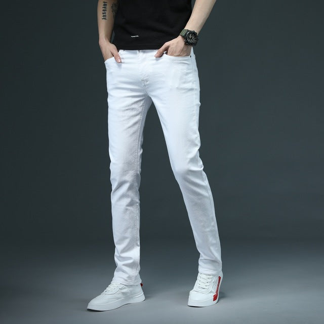 Men's Fitted Slim White Jeans 2021 Spring Classic Brand High Quality Comfortable Cotton Stretch Fashion Casual Pants
