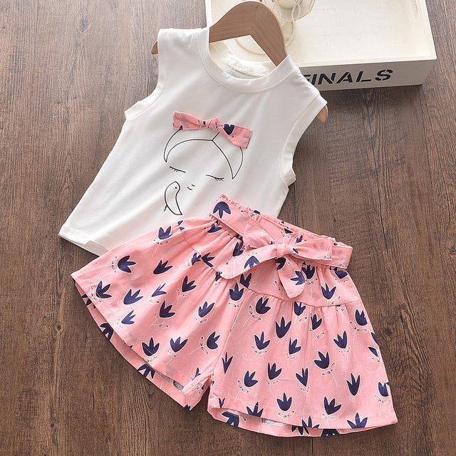Menoea Toddler Girls Clothes Sets 2022 New Summer Patchwork T-shirts + Plaid Bow Shorts Casual Outfits Baby Kids Clothing Suits