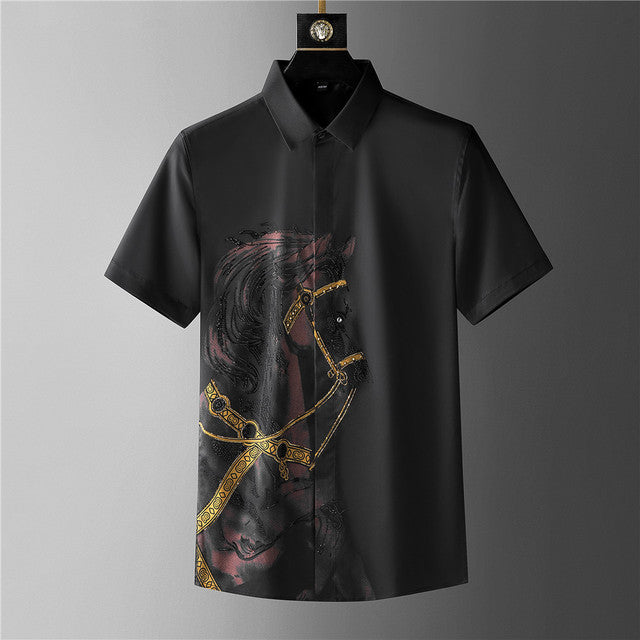 Rhinestones Shirts Mens Luxury Top Diamond Men's Shirt Long Mouw Slim Casual Shirt Black Animal Horse Shirt Social Camisa Hombre