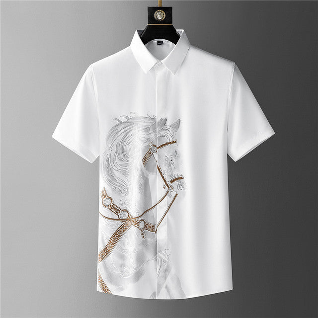 Rhinestones Shirts Mens Luxury Top Diamond Men's Shirt Long Mouw Slim Casual Shirt Black Animal Horse Shirt Social Camisa Hombre