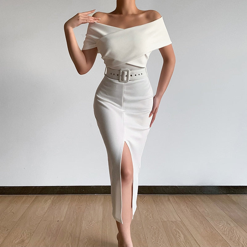 2022 Spring and Summer New Elegant Temperament Commuting Simple and Familiar with New Off-the-Shoulder Belt Slit Skirt