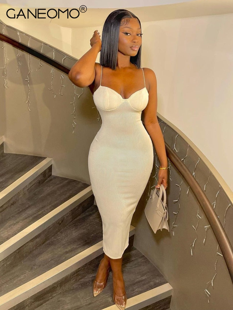 Straps Bodycon Sexy Prom Midi Dress for Women's 2022 Summer Elegant Evening Party White Backless Slip Long Dresses Woman Clothes