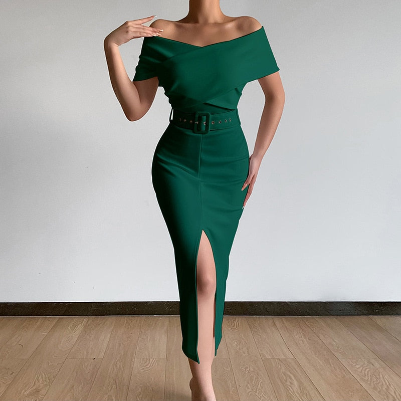 2022 Spring and Summer New Elegant Temperament Commuting Simple and Familiar with New Off-the-Shoulder Belt Slit Skirt