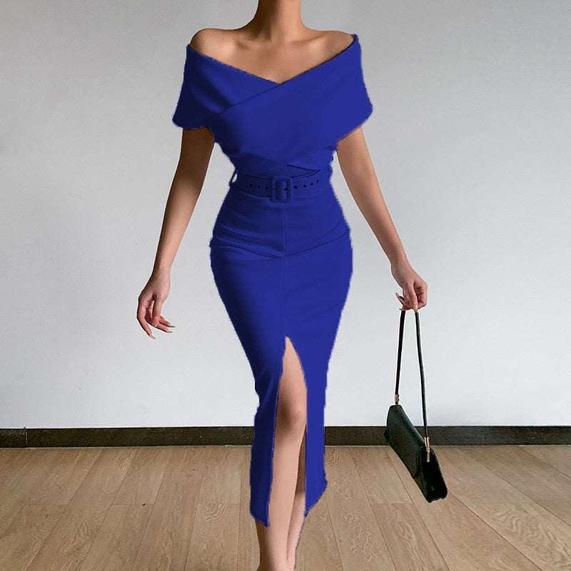 2022 Spring and Summer New Elegant Temperament Commuting Simple and Familiar with New Off-the-Shoulder Belt Slit Skirt