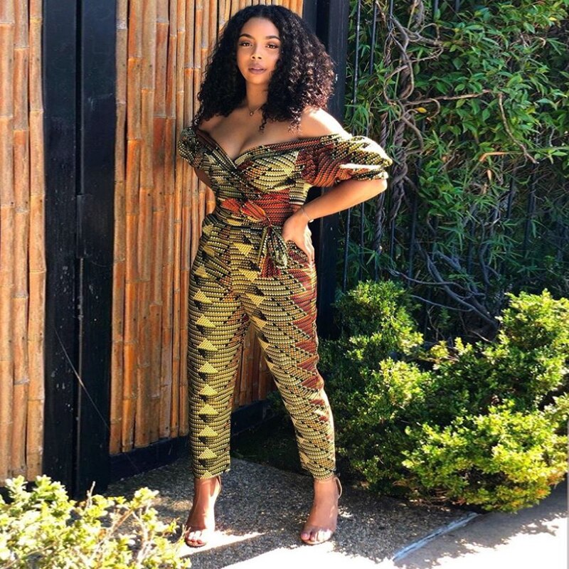 African Clothes Women Jumpsuit 2022 Fashion  Shoulder Off Ankara Style Trousers Africaine Jumpsuits Rompers Lady Lace Party Robe