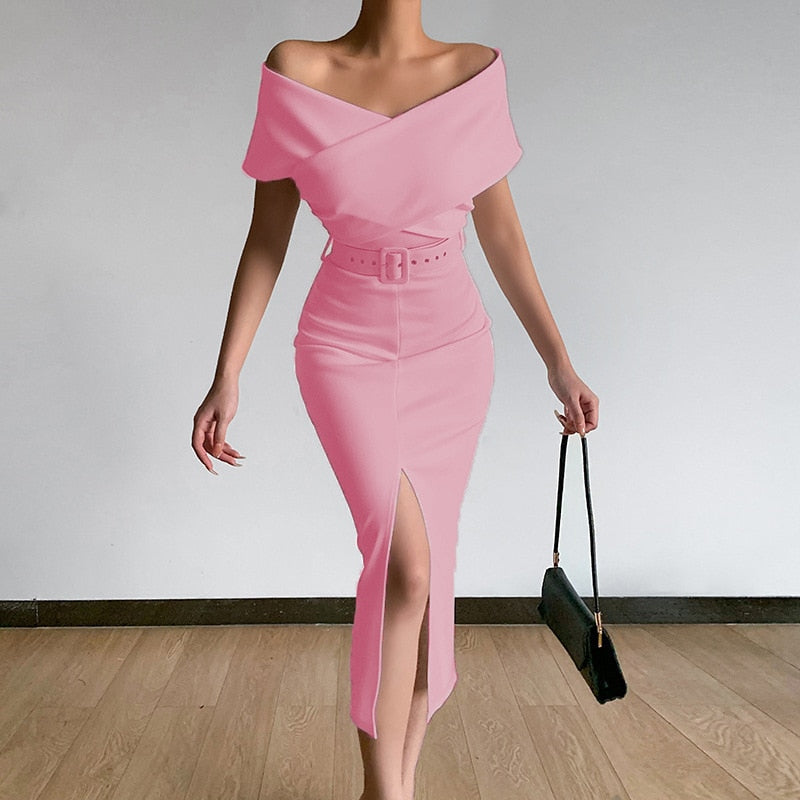 2022 Spring and Summer New Elegant Temperament Commuting Simple and Familiar with New Off-the-Shoulder Belt Slit Skirt