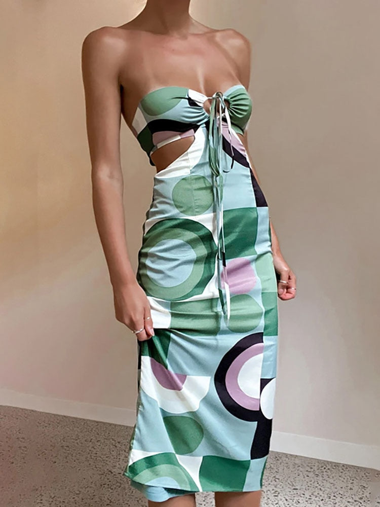 Summer Women's Dress Fashion Printing Party Halter Dresses for Women Sexy Low Cut Backless Robe Elegant Tie-Up Femme Vestidos