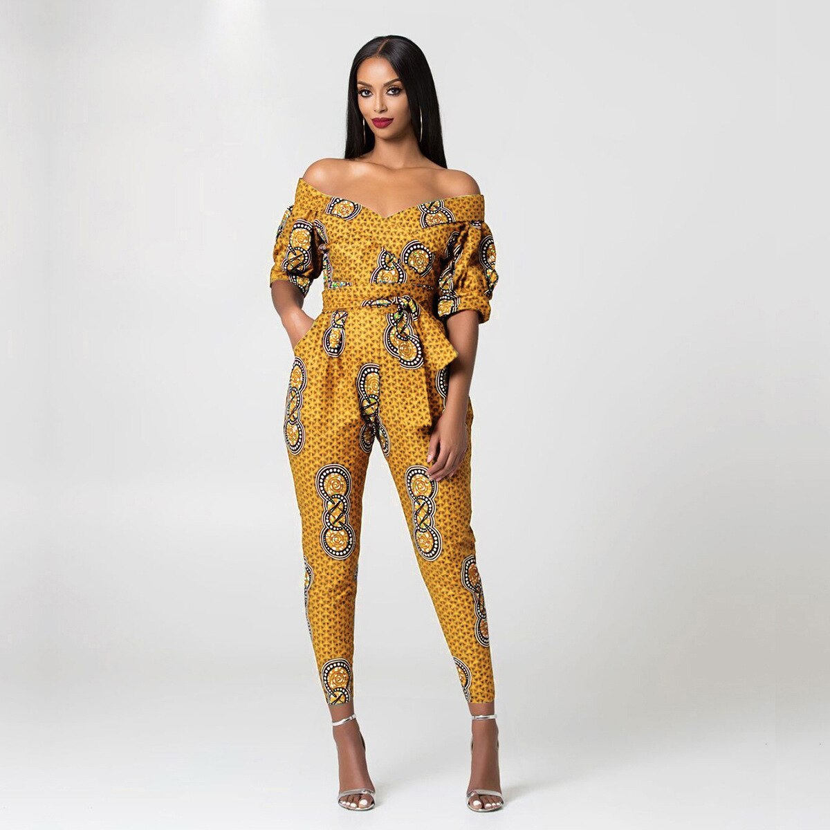 African Clothes Women Jumpsuit 2022 Fashion  Shoulder Off Ankara Style Trousers Africaine Jumpsuits Rompers Lady Lace Party Robe