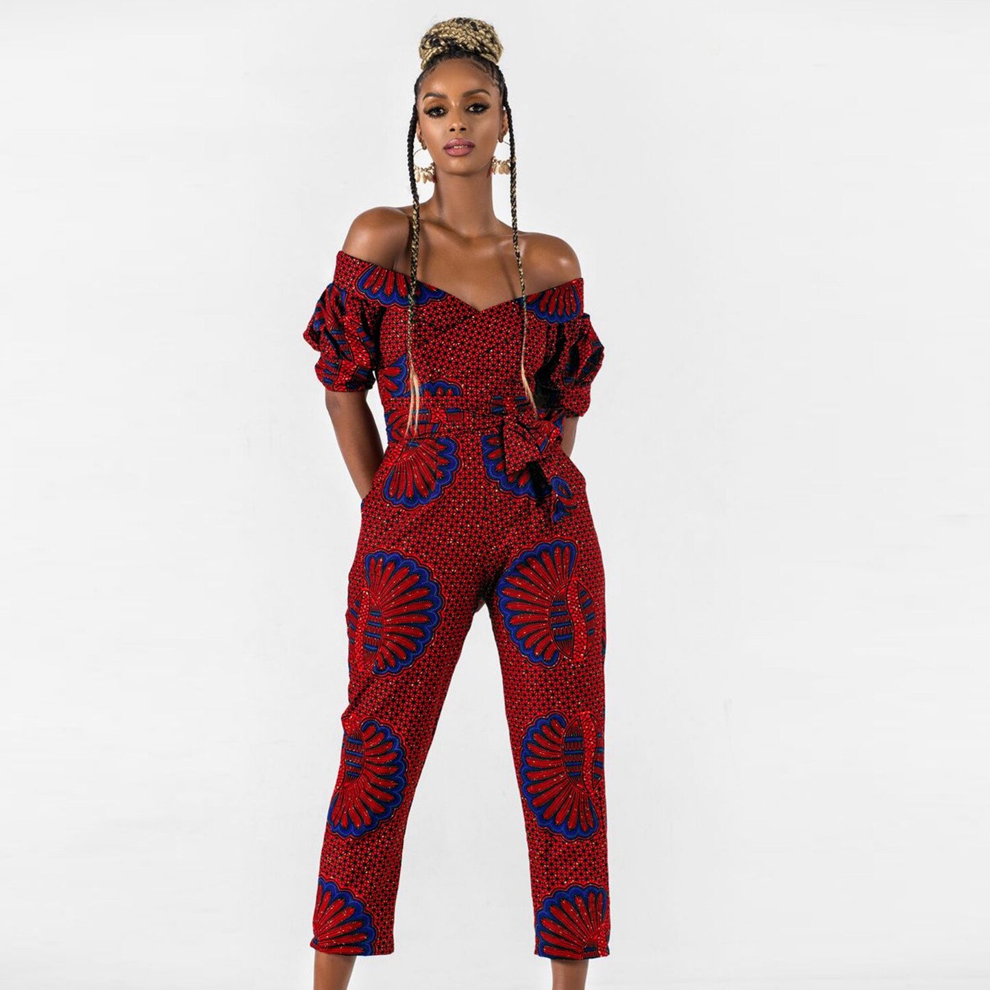 African Clothes Women Jumpsuit 2022 Fashion  Shoulder Off Ankara Style Trousers Africaine Jumpsuits Rompers Lady Lace Party Robe