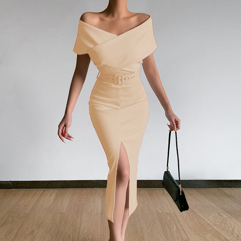 2022 Spring and Summer New Elegant Temperament Commuting Simple and Familiar with New Off-the-Shoulder Belt Slit Skirt