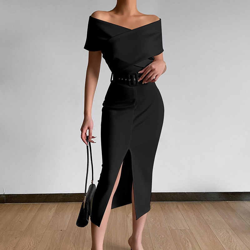 2022 Spring and Summer New Elegant Temperament Commuting Simple and Familiar with New Off-the-Shoulder Belt Slit Skirt