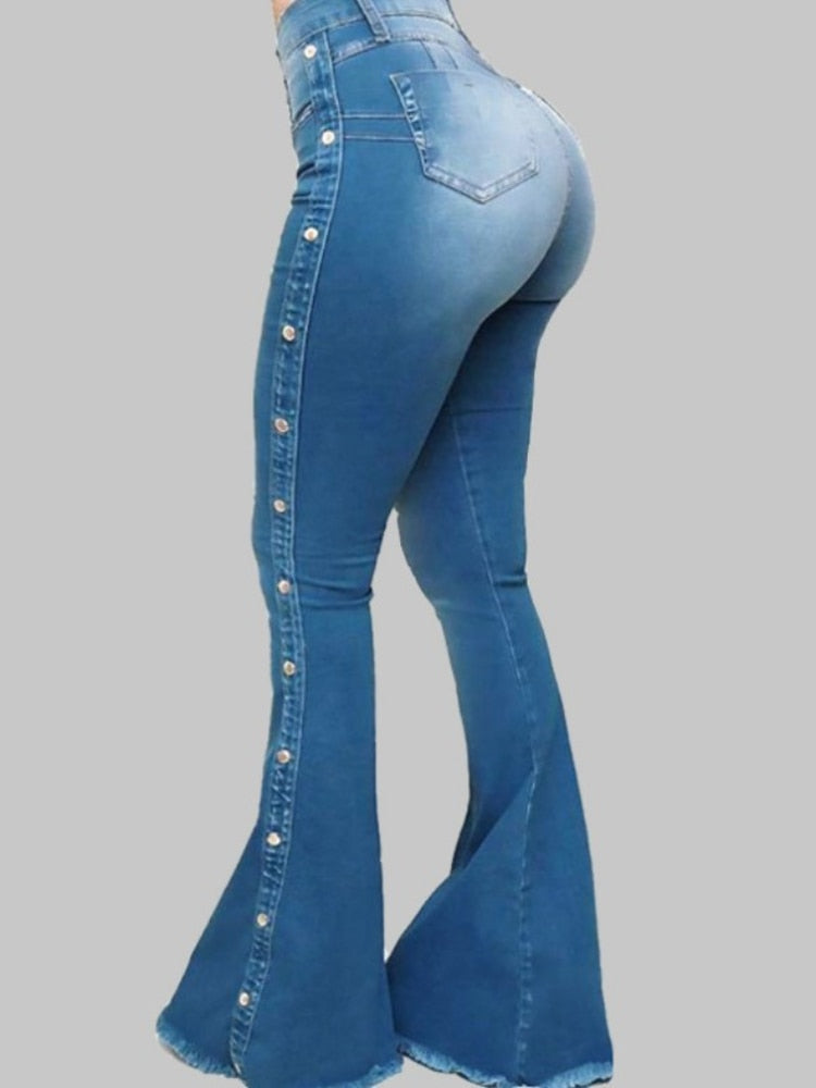 2022 Spring and Summer New Women's High Waist Elastic Classic Ladies Mopping Denim Sexy Slim Solid Color Washed Flared Pants