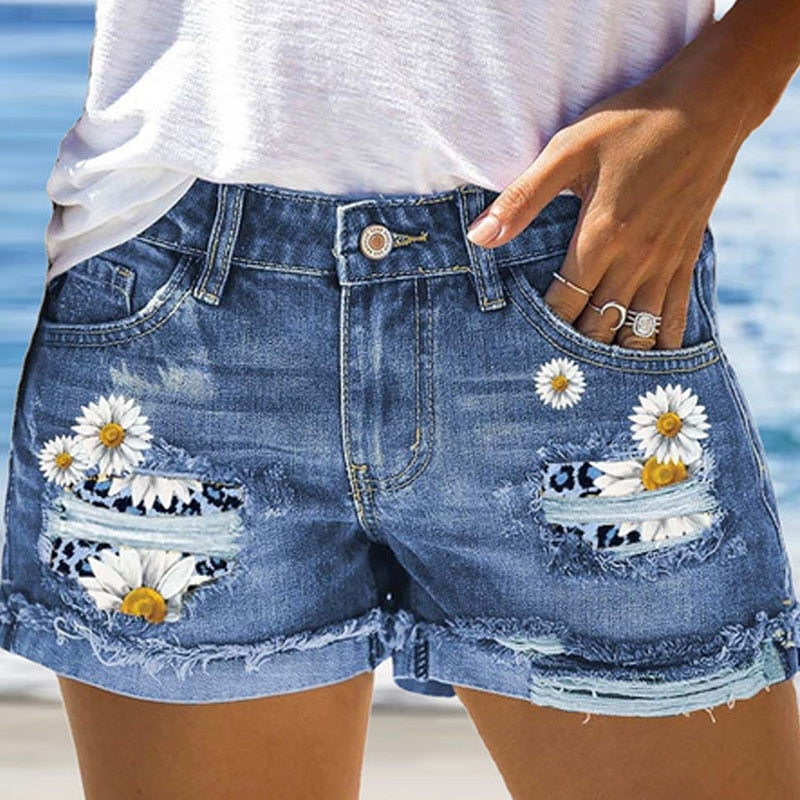 High waist women's jeans 2022 fashion street ripped denim shorts plus size loose printed blue denim shorts for women summer
